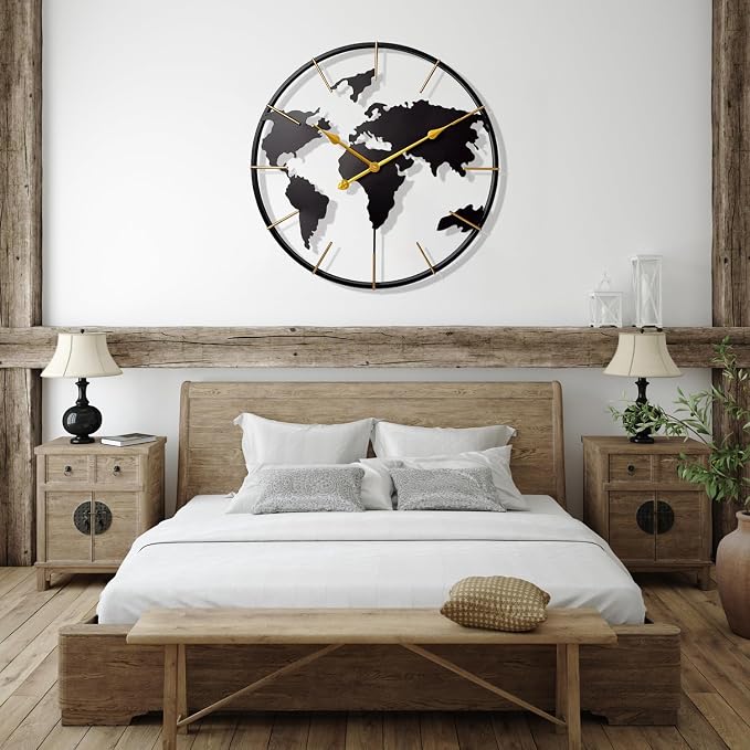Large World Map Wall Clock, Metal Minimalist Modern Clock, Round Silent - Image 4