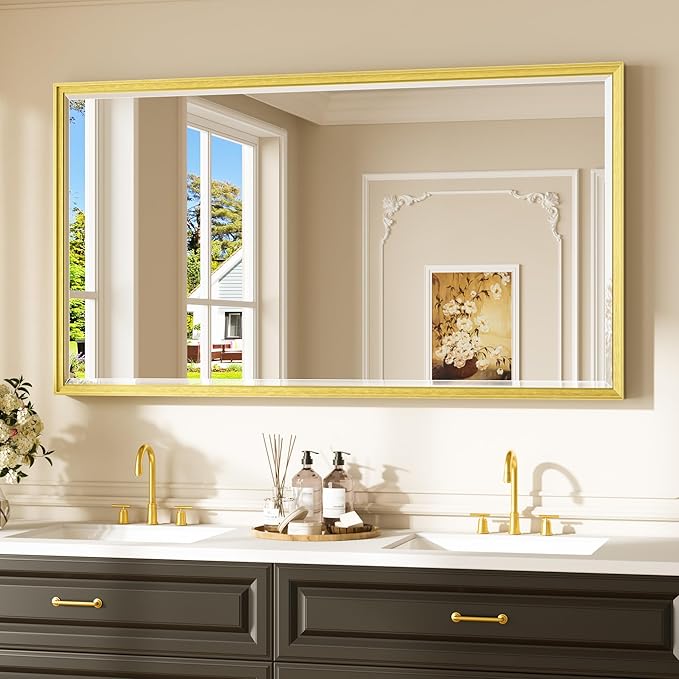 Keonjinn 55" x 30" Gold Bathroom Mirror, Brushed Gold Metal Framed Mirrors by Keonjinn