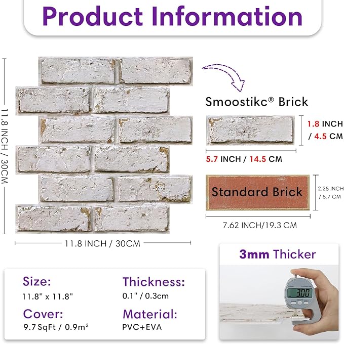 3D Peel and Stick Faux Brick Wall Panels 11.8" x 11.8" 10-Pack, Small - Image 3