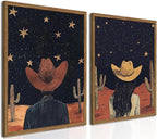 Framed Boho Western Cowboy and Cowgirl Wall Art Set of 2, Vintage Southwestern by Unknown