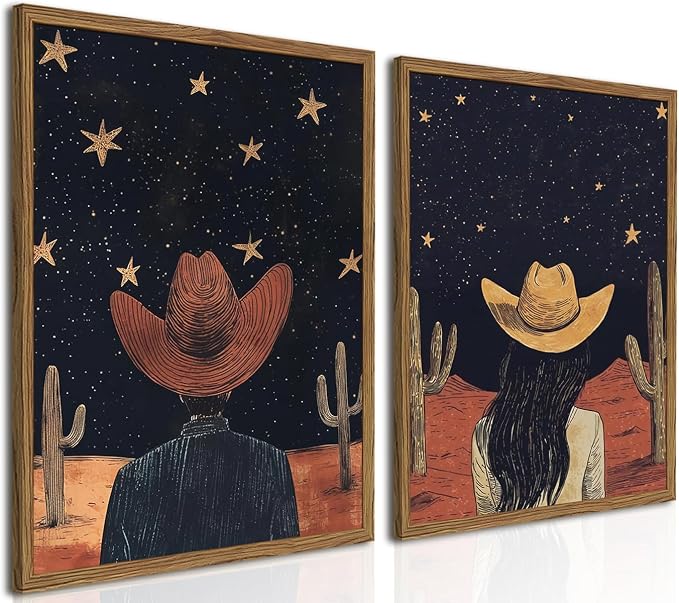 Framed Boho Western Cowboy and Cowgirl Wall Art Set of 2, Vintage Southwestern by Unknown