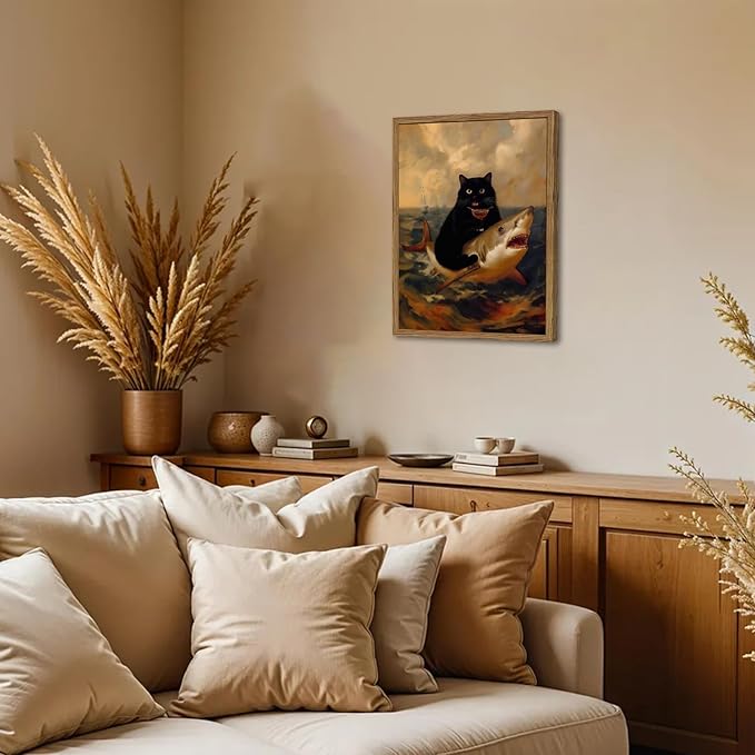 Funny Black Cat Wall Art Whimsical Cat Riding a Shark Wall Decor Picture Unique - Image 6