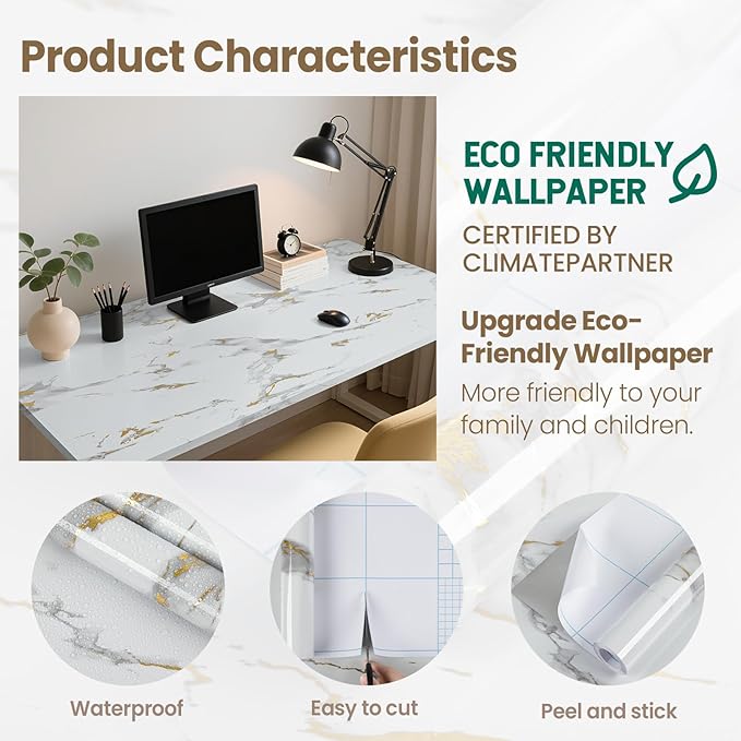 practicalWs Glossy Marble Wallpaper Peel and Stick White/Gold Granite Contact - Image 2
