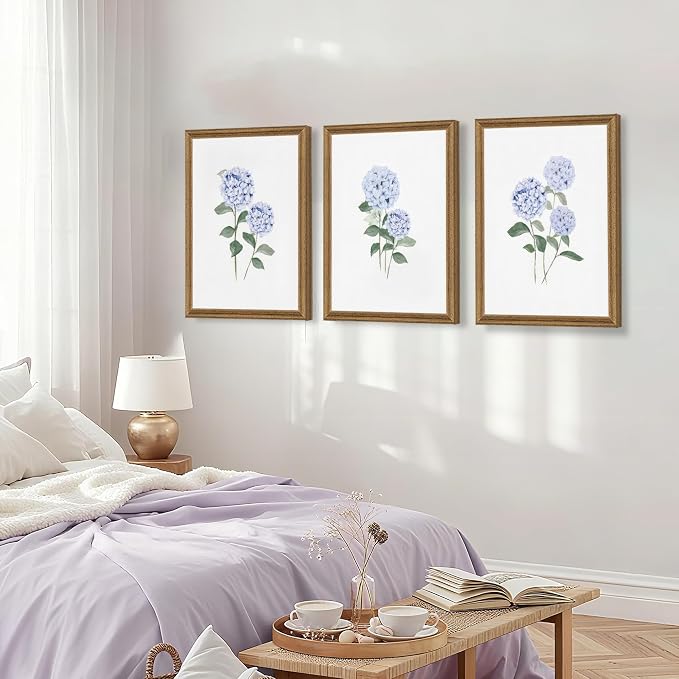 WRFON Blue Hydrangea Framed Wall Art Set of 3, Watercolor Floral Botanical - Image 5
