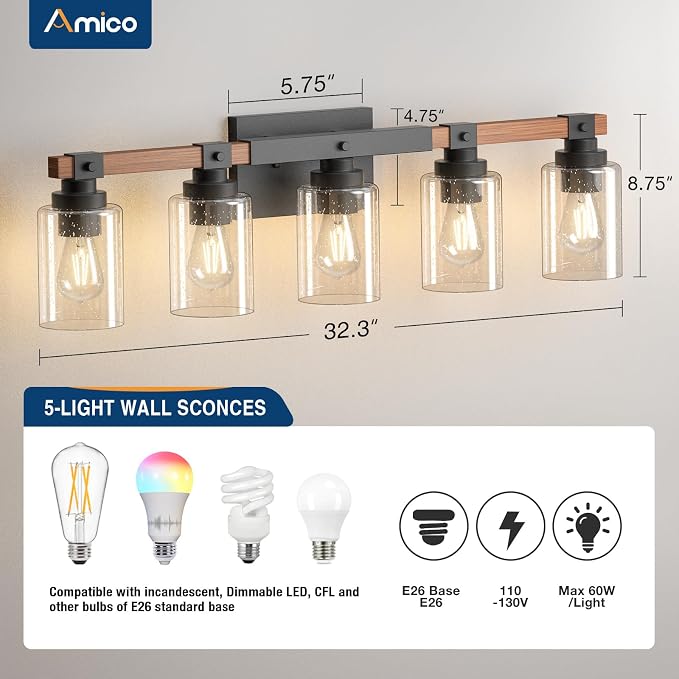 Amico Farmhouse Vanity Light Fixtures, Rustic 5-Light Industrial Painted Wood - Image 5