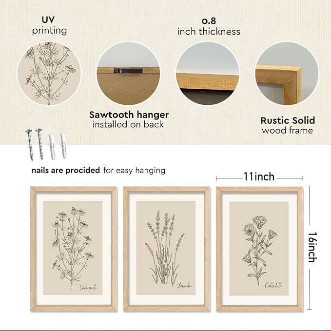YWJKWLGS Vintage Botanical Wall Art 11x16 Inch Set of 3 Wooded Framed - Image 2