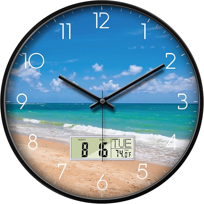 12" Silent Non-Ticking Modern Coastal Beach Wall Clock, Battery Operated Analog by SCOAGE