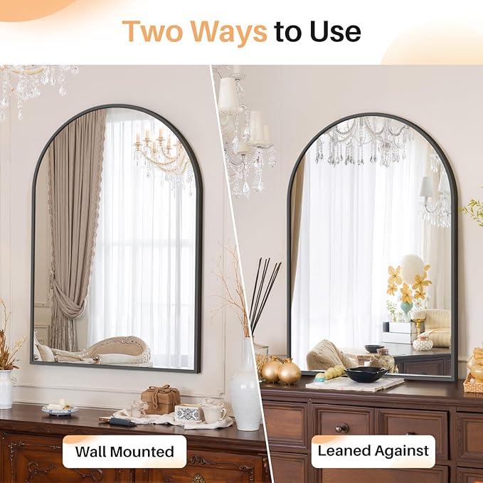 Bathroom Mirror for Wall, 36x24 Inch Arched Mirror, Matte Black Metal Framed - Image 3