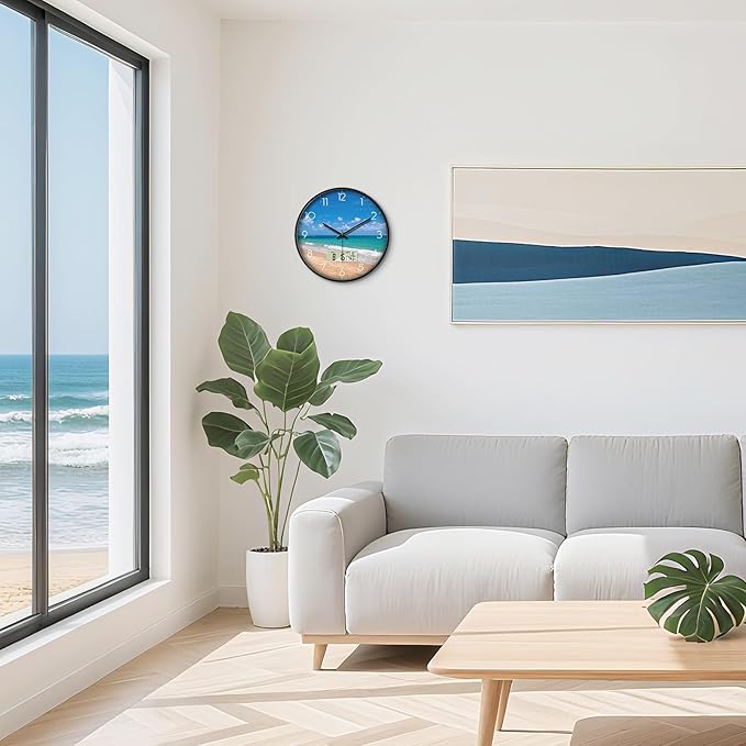 14" Silent Non-Ticking Modern Coastal Beach Wall Clock, Battery Operated Analog - Image 5