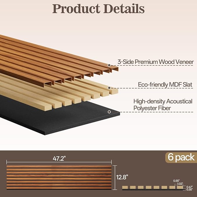 6 Pack Wood Panels for Wall, 47.24" x 12.79" Acoustic Wood Slat Wall Panel for - Image 2