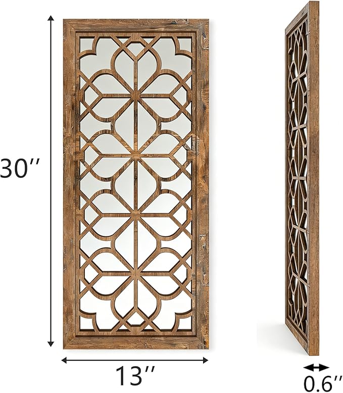 Set of 2 13x30 Inch Large Redbrown Shatterproof Carved Floral Wood Frame Wall - Image 2