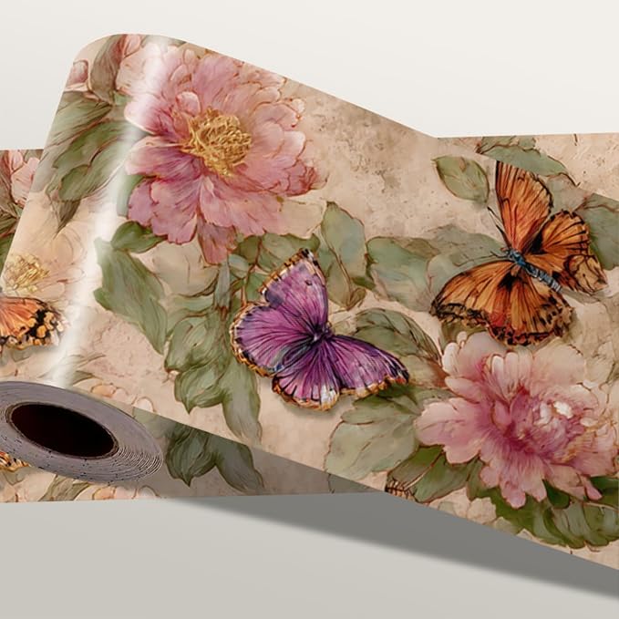 Vintage Rose Floral Wallpaper Border 196x4 Inch Peel and Stick Wall Border by IOHEFY