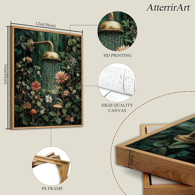 AtterrirArt Framed Vintage Bathroom Wall Art, 12 * 16inch, Floral Shower Wall - Image 4