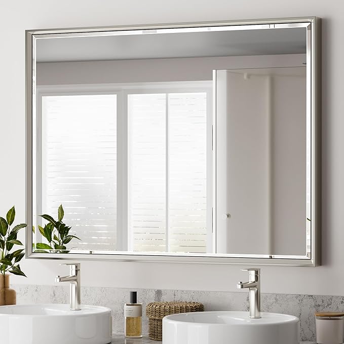 40 x 30 Brushed Nickel Bathroom Mirror, Beveled Framed Rectangle by QUEENFUN