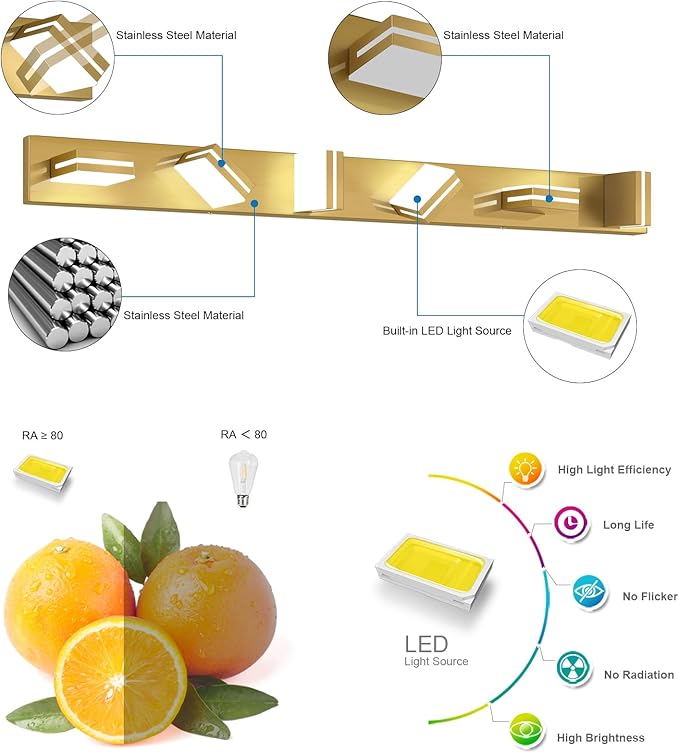 SineRise LED Modern Bathroom Vanity Light Fixtures, Brass Modern Acrylic - Image 2