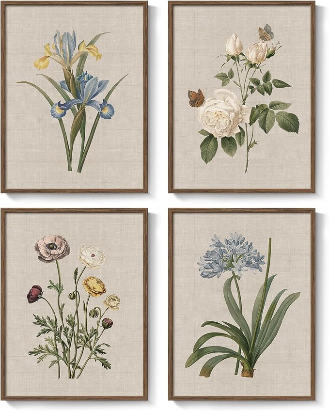 Framed Vintage Botanical Wall Art, 4 Piece Rustic Floral Painting Canvas Prints - Image 9