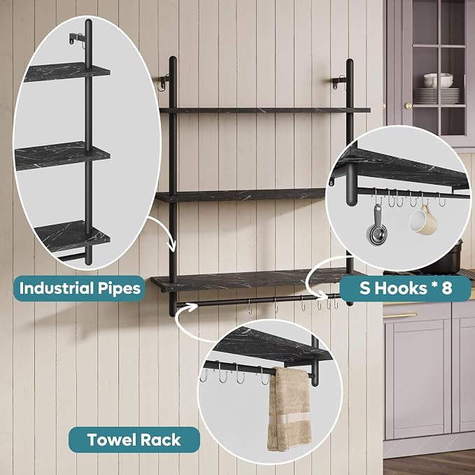 Bestier Floating Pipe Shelving, 31.5" Floating Kitchen Shelves Wall Mounted - Image 4