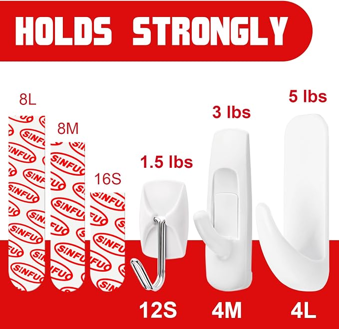 Sinfuo 20 Hooks for Hanging Variety Pack, Adhesive wall Hooks Heavy Duty - Image 3