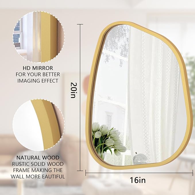 Gold Asymmetrical Mirror Large 20"x16" Irregular Oval Wall Mirror Modern Wood - Image 7