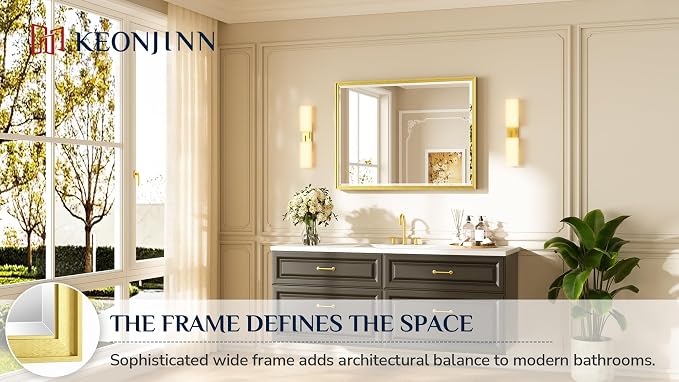 Keonjinn Gold Bathroom Mirror 40" x 30", Tempered Glass - Image 7