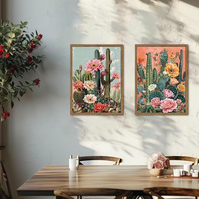 Framed Mexican Cactus Canvas Wall Art Set of 2, Vintage Desert Floral Wall - Image 2