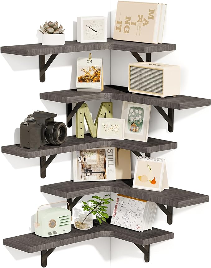 Fixwal Floating Shelves for Wall Set of 5, Rustic Wood Wall Mounted Corner by Fixwal