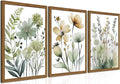Wood Framed Sage Green Botanical Wall Art Set of 3, Boho Floral Canvas Wall by Unknown