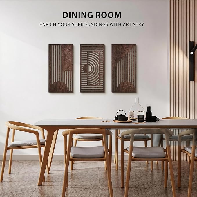 VIYYIEA Boho Solid Wood Carved Wall Art Set of 3, Geometric Minimalist Wooden - Image 5