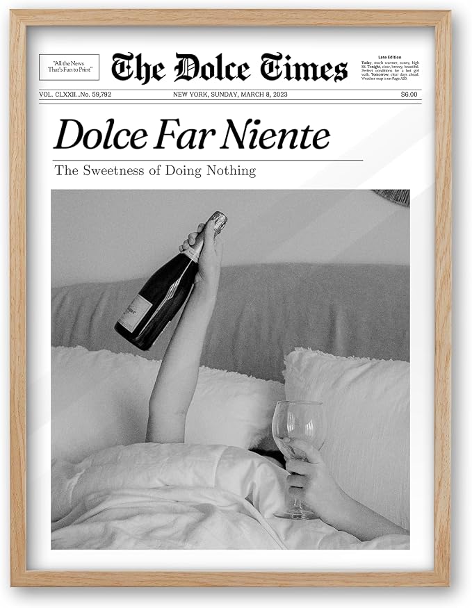 iHery Dolce Far Niente Framed Trendy NewsPaper Wall Art, Natural OAK Wood by iHery