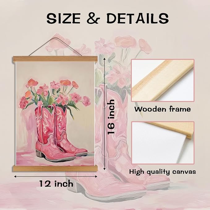 Pink Floral Cowboy Boots Wall Art, Vintage Cowboy Boots Canvas Wall Decor - Image 4