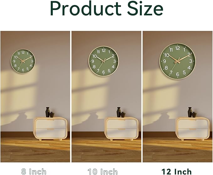 Roymnie Wall Clock 12 Inch Silent Green Wall Clocks Battery Operated- Modern - Image 2