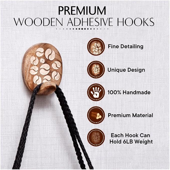 Indian Shelf 6 Lb- 6 Pieces Decorative Wood Adhesive Wall Hooks–Boho Peel and - Image 5
