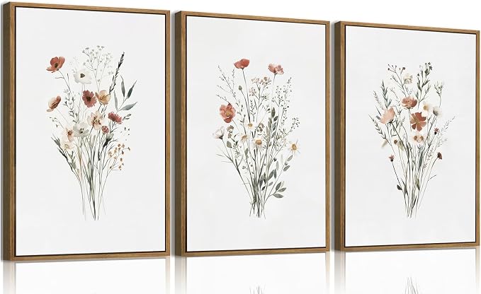 KISSFOX Framed Wildflower Wall Art Vintage Floral Canvas Wall Art Flower by KISSFOX