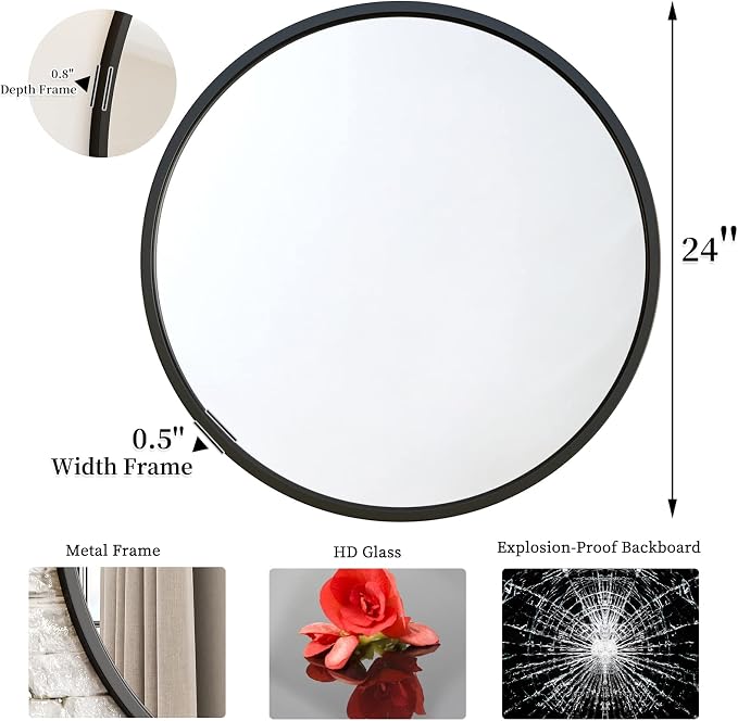 G-LEAF Black Round Mirror 24 inch, Circle Mirror - Image 4