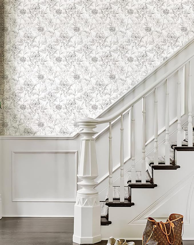JiffDiff Floral Wallpaper Black & White Peel and Stick Vintage Peony Wall Paper - Image 6