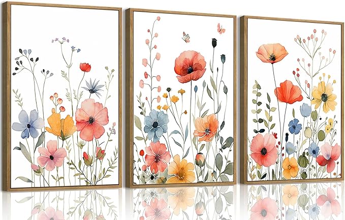 KISSFOX Colorful Wildflower Canvas Wall Art Set Of 3 Flowers Pictures Prints by KISSFOX