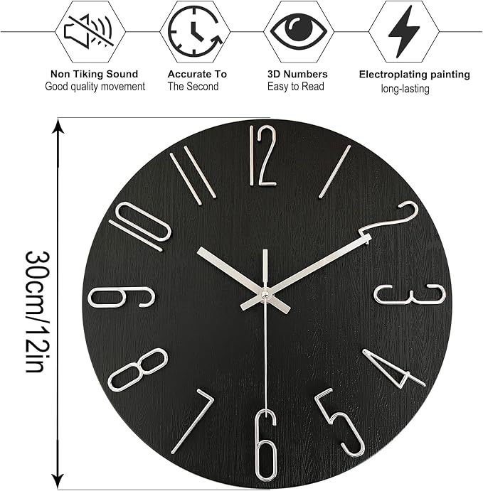 AIRUIFU Wall Clock 12 Inch Silent Non-Ticking Modern Clocks Battery Operated - Image 4