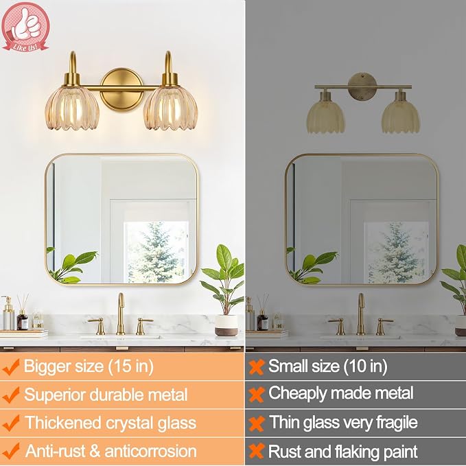 Bathroom Light Fixtures, 2-Light Brushed Gold Vanity Lights - Image 4