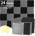 Focusound 24 Pack Black Grey Acoustic Foam Panels 1" x 12" x 12" Sound Proof by Focusound