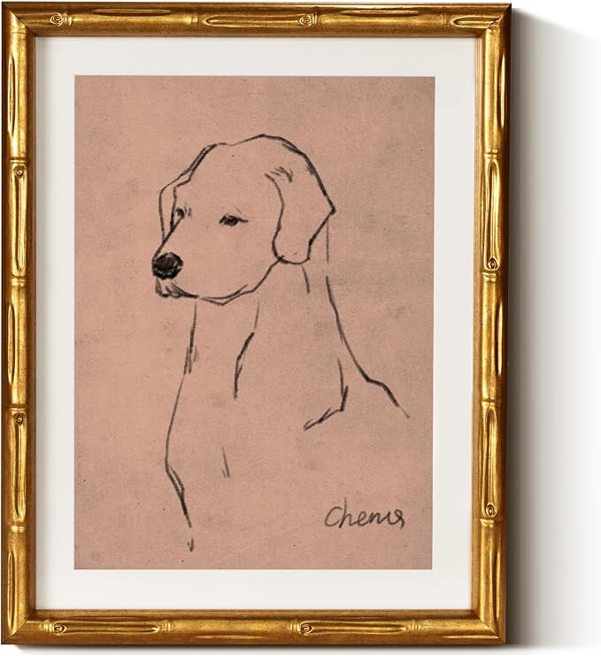 InSimSea Gold Bamboo Framed Canvas Wall Art, Minimalist Dog Sketch Animal by InSimSeaArt