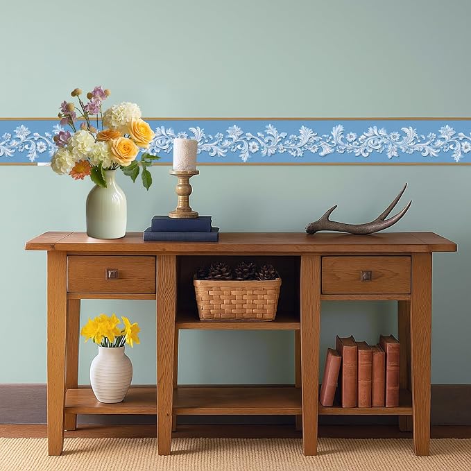 Blue Floral Wallpaper Border 196x4 Inch Peel and Stick Wall Border Elegant - Image 6