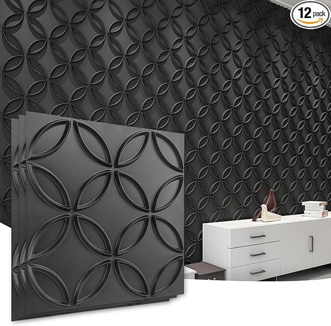 Art3d PVC 3D Wall Panel Interlocked Circles in Matt Black Cover 32 Sq.ft by Art3d