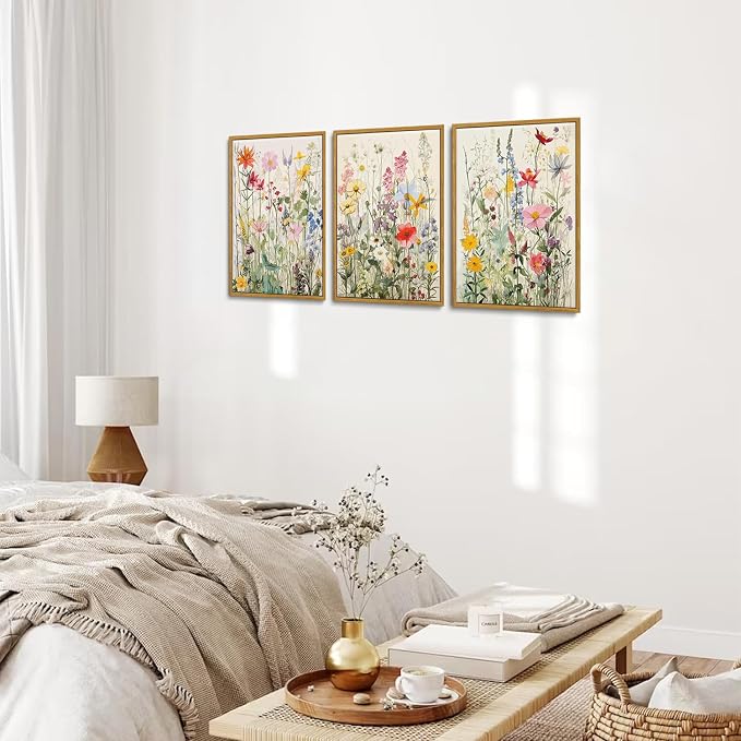 KISSFOX 3 Piece Watercolor Wildflower Botanical Framed Wall Art Colorful Floral - Image 5