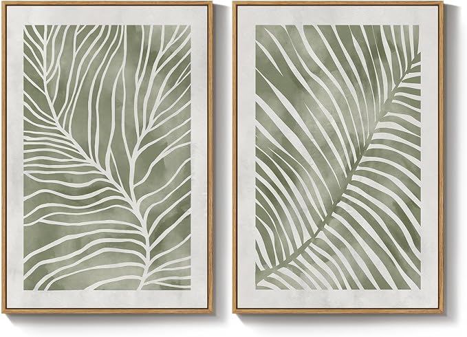 Framed Green Abstract Botanical Wall Art, 2 Piece Tropical Plant Canvas - Image 9