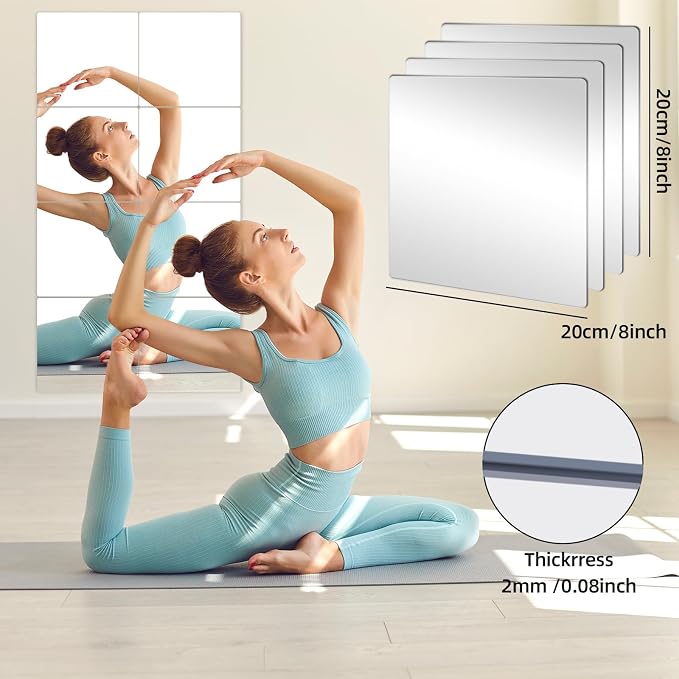 Stick on Small Mirror for Wall Decor, 4 Pack 11.7”x11.7” Acrylic Mirror Tiles - Image 4