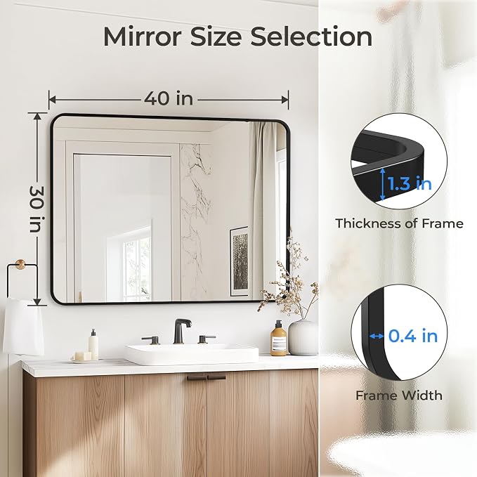 USHOWER Black Bathroom Mirrors for Over Sink 30 x 40 Inch, Metal Frame - Image 4