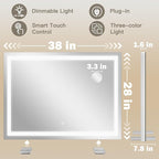 ROLOVE 38"x28" Inch Large Lighted Vanity Mirror, 3-Color Lighting & Dimmable - Image 2