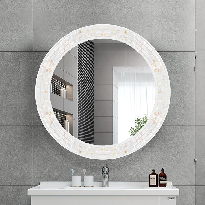 Mosaic Mirrors for Wall 24 Inch, Natural Mother of Pearl Inlay White Framed - Image 6