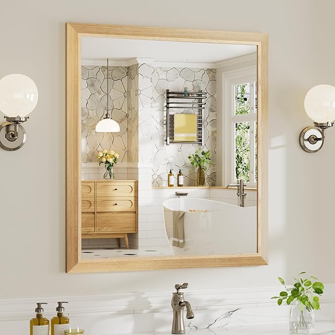 36x32 Inch Bathroom Mirror for Wall, Anti-Rust Oak Wood Grain Metal Framed by Briivuemodernmirrors