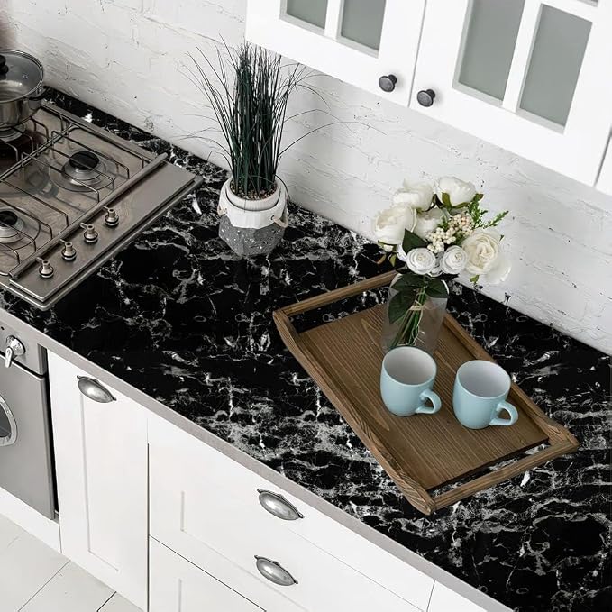 Arthome 11.8"x100" Silver Black Marble Contact Paper, Self Adhesive Wallpaper - Image 2